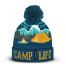 Multicolor knit beanie with pom-pom, mountain scene patch and CAMP LIFE lettering