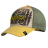 Cyclist cap with cream graphic front, green mesh back, yellow brim, black logo patch