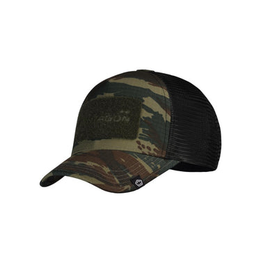 Tactical mesh cap with woodland camo front panel, black mesh sides, curved brim
