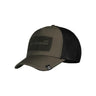 Tactical mesh cap with dark olive front panel and black mesh sides, curved brim