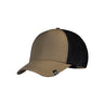 Two-tone trucker cap with khaki front panel and black mesh back, small front logo