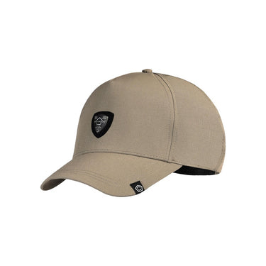 Khaki baseball cap with curved brim, top button, and front patch logo badge