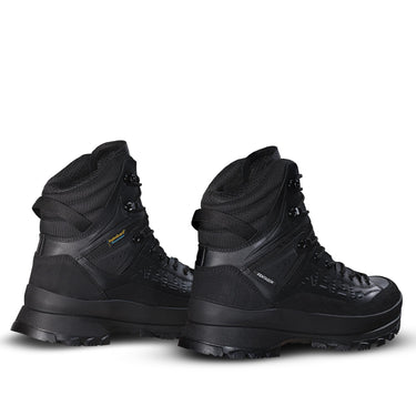 Pair of black 8-inch lace-up boots with side straps and chunky tread sole