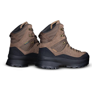 Pair of brown high-top mountaineering boots, lace-up with metal eyelets, lug soles