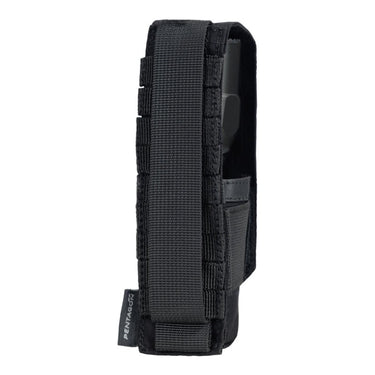 Black nylon flashlight pouch with webbing strap and MOLLE-style attachment