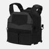 Black plate carrier vest with front panel pouches and adjustable shoulder straps