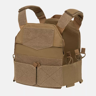 Coyote tan plate carrier vest with front panel pouches and adjustable shoulder straps