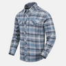 Blue plaid button-up shirt with flap chest pockets and long sleeves