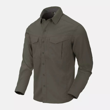 Long-sleeve tropical shirt in dark olive with button-front and chest pockets