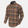 Amber plaid long-sleeve button-up shirt with dark collar and chest pocket