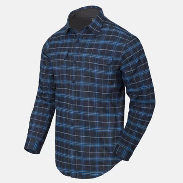 Blue plaid long-sleeve button-up shirt with dark collar and chest pocket