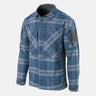 Blue plaid nylon-polyester blend shirt with button front and stand collar