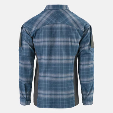 Blue plaid nylon-polyester blend shirt, back view with yoke panel