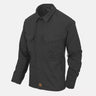 Woodsman shirt in dark gray with long sleeves, button front, two chest pockets, cinched waist