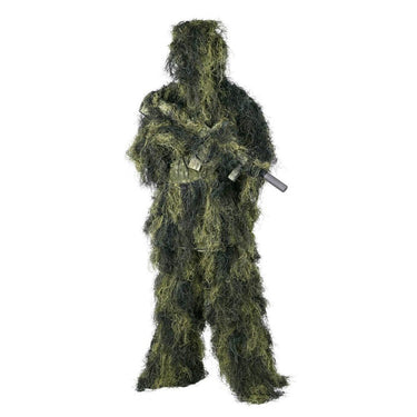 Ghillie suit with hooded coverall and long dark green fringe, full-body camo