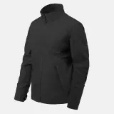 Black tactical jacket with stand collar, full zip, and side pocket