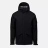 Black polyester hooded jacket with full front zipper and snap hem detail