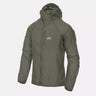 Olive green hooded nylon wind jacket, front zip and drawstring hem