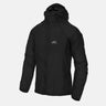 Black nylon wind jacket with attached hood and front zipper, long sleeves.