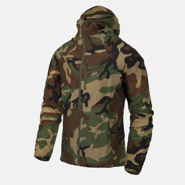 Camouflage nylon wind jacket with attached hood and front zipper, long sleeves.