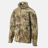 Multicam nylon jacket with hood, full front zipper, and chest pocket