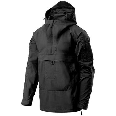 Black anorak jacket with hood, front zipper, and side pockets with flap.
