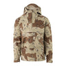 Camouflage anorak jacket with hood, front zipper, and chest pocket flap.