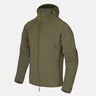 Green hooded softshell jacket with full front zipper and drawcord hem