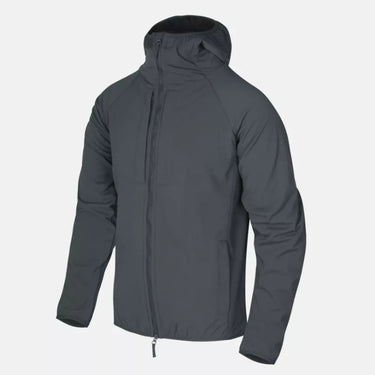 Dark gray hooded softshell jacket with full front zipper and drawcord hem