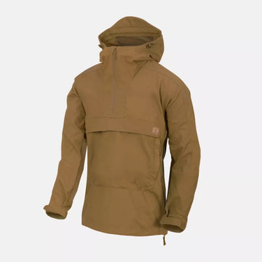 Tan anorak jacket with hood and front kangaroo-style pocket