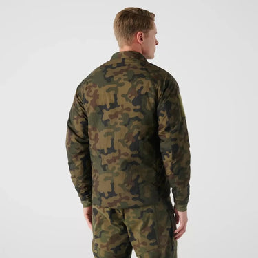 Back view of woodland camouflage nylon field jacket with full-zip and long sleeves