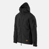 Black winter hooded jacket with front zip, utility pockets, and drawstring cuffs