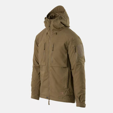 Tan winter hooded jacket with front zip, flap pockets, and adjustable drawstrings