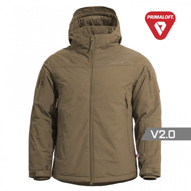 Men's hooded insulated jacket, full-zip front, olive brown