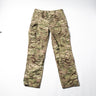 Desert camouflage combat trousers with belt loops and front button closure