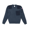 Blue grey V-neck knit sweater with flap patch pockets and shoulder straps