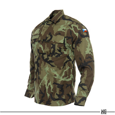 Woodland camo field shirt with long sleeves, button front, and flap pockets.