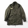 Olive drab combat parka with hood, drawstring hem, and front utility pockets