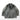 Grey military-style coat with hood, full zipper, flap pockets and button details