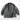 Grey coat with hood, zip front, flap pockets, and draped quilted inner lining