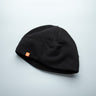 Black fleece watch cap with folded cuff and small logo patch