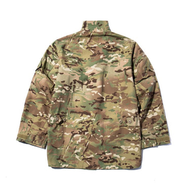 Camouflage tactical uniform shirt back view with stand collar and button closure