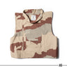 Desert camo tactical vest with zip front, flap pockets, and central chest panel