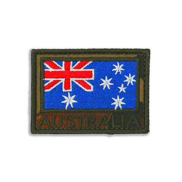 Embroidered rectangular Australia flag patch with blue field, stars, and olive camo border