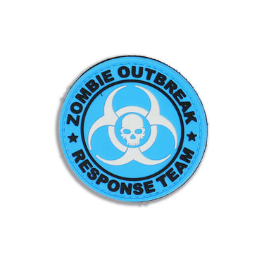 Round PVC patch, blue with white biohazard skull symbol and text