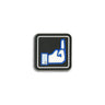 Facebook middle finger emoji patch, square black with blue line-art and stitched border
