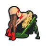 Mortar PVC patch featuring pin-up girl with green weapon and red boots