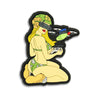 Drone-themed pin-up girl PVC patch with green aircraft and black details