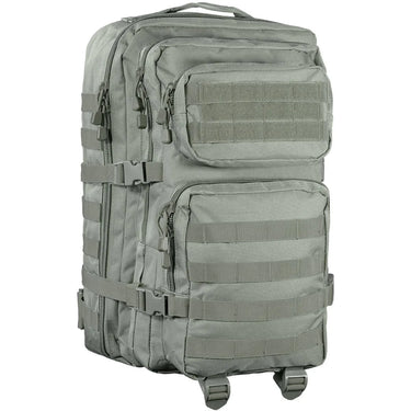 Assault 36L backpack in light gray-green with front zip compartments and MOLLE straps