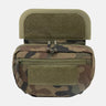 Camo field pouch front view with top flap and hook-and-loop patch panel.